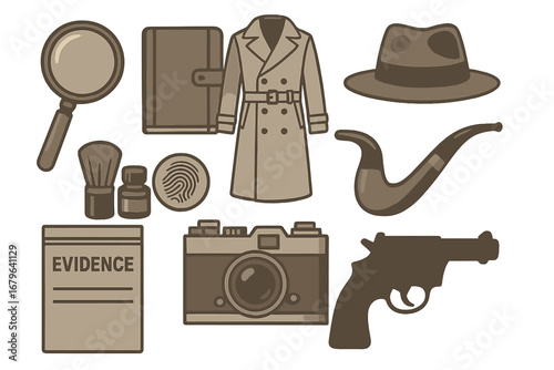 Detective tools for solving mysteries featuring a trench coat, magnifying glass, and camera in a minimalist style