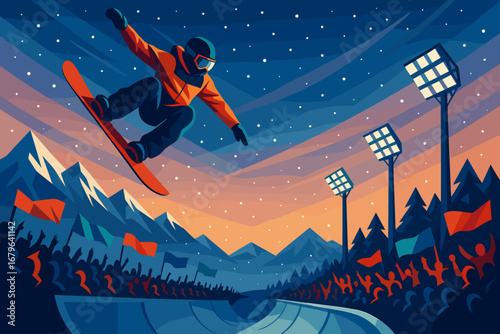 Snowboarder performs an exciting jump at a winter sports event under the lights in a scenic mountain setting