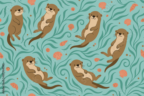 Charming otters swim playfully among colorful shells and seaweed in a vibrant aquatic design