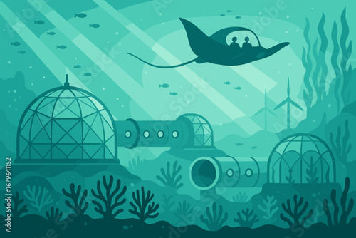 Diving into an underwater city with futuristic habitats and marine life at the ocean floor during the day