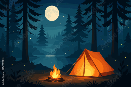Cozy evening campsite under the full moon in a serene forest setting