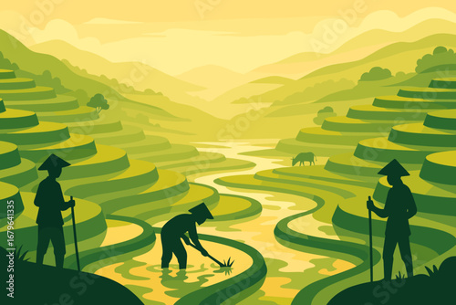 Farmers cultivate rice in lush terraced fields during sunset in a tranquil rural landscape