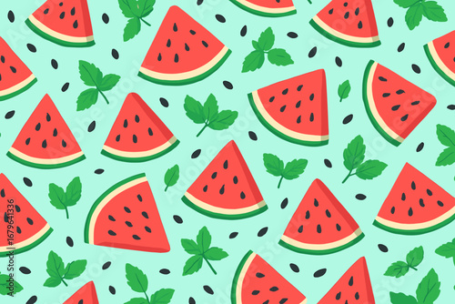 Colorful watermelon pattern with mint leaves on a light blue background, showcasing a refreshing summer feel and vibrant design elements