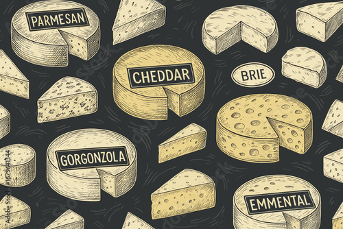 Seamless hand-drawn pattern of various cheeses including cheddar, brie, parmesan, gorgonzola, and emmental on dark background