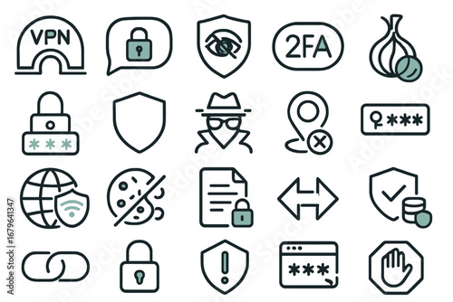 Dark-themed cybersecurity and privacy icon set featuring VPN, encryption, 2FA, incognito mode, and data protection symbols