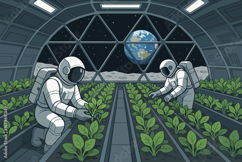 Astronauts tending plants in a lunar greenhouse with Earth visible through space station windows