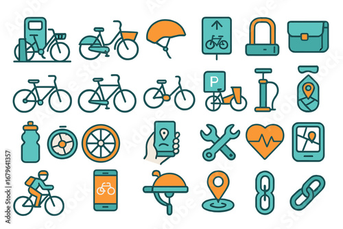 Cycling and bike commuting icon collection featuring bicycles, helmets, navigation, tools, health tracking, and smart mobility