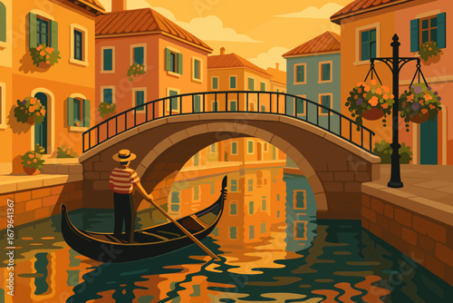 Venetian gondolier rowing through colorful canal under arched bridge in romantic Italy at sunset
