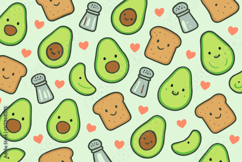 Seamless kawaii avocado toast pattern with smiling faces, salt shakers, and hearts on light green background, cute breakfast design