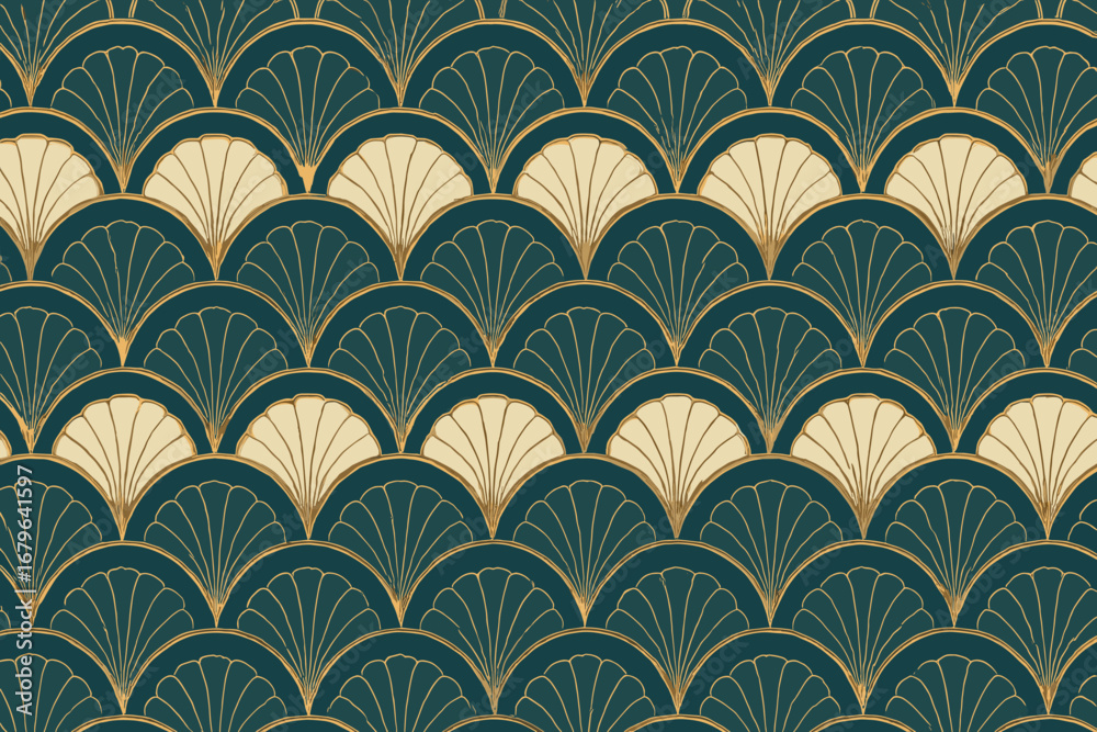 Elegant art deco pattern featuring a repeating fan design in rich teal and cream with gold accents, suitable for various creative projects Elegant art deco pattern featuring a repeating fan design in rich teal and cream with gold accents, suitable for various creative projects