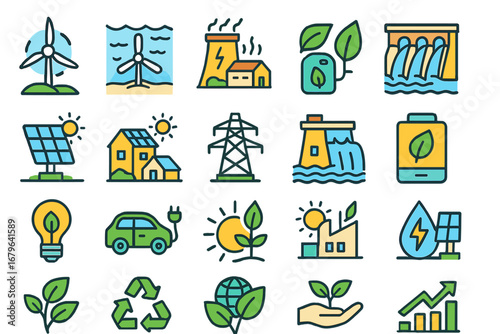 Renewable energy icons showcasing wind, solar, hydro power and electric vehicles in a modern design style