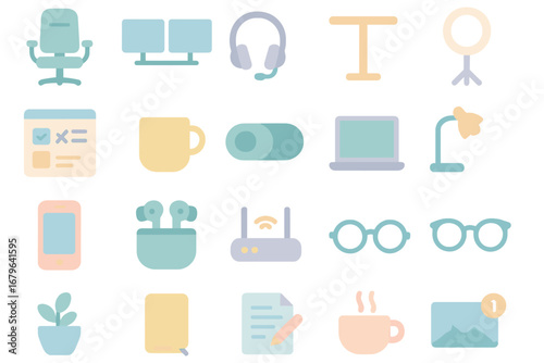 Workspace essentials for remote working with gadgets and office supplies arranged neatly