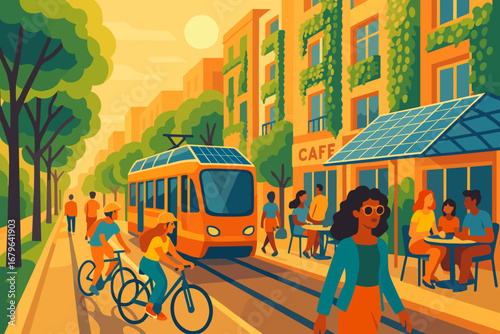 Vibrant urban setting with a solar-powered tram, cyclists, and outdoor cafe in a sunny neighborhood