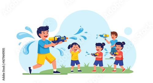 Joyful Fun In The Sun A Playful Water Gun Battle Among Cheerful Children