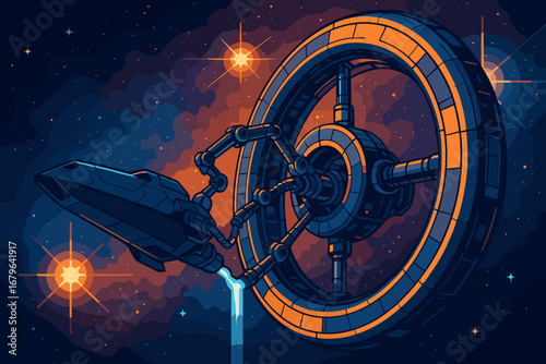 Futuristic space station with advanced spacecraft in deep space at night, surrounded by stars and cosmic elements