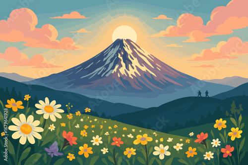 Mountains tower under a colorful sunset with hikers enjoying nature in a vibrant floral landscape