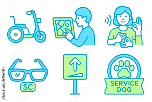 Icons representing accessibility features and assistance for individuals with disabilities in a modern setting