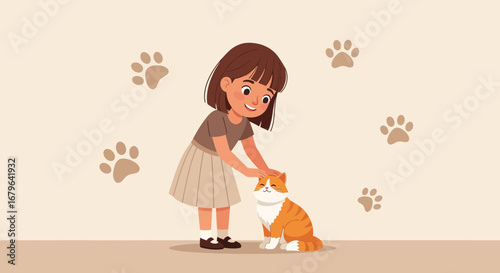 Joyful Girl Affectionately Petting Adorable Cat in a Charming, Playful, and Delightful Scene