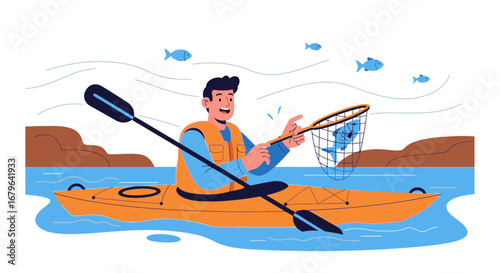 Joyful Fisherman Enjoys Paddle Boating on Beautiful Lake Catching Fish with Net