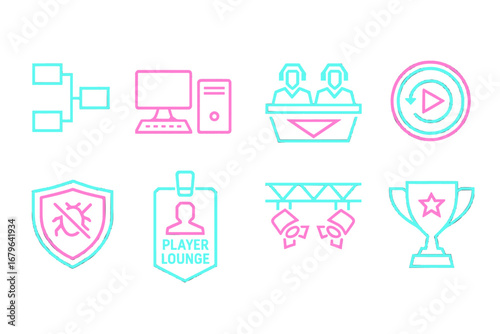 Modern gaming tournament icons showcasing various aspects of the event in an engaging and colorful design