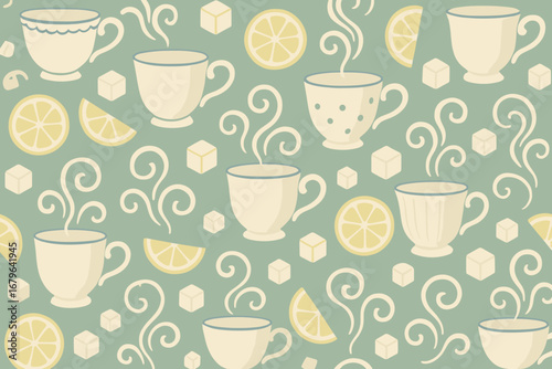 Warm beverage pattern with cups, lemons, and sugar cubes on a soothing background