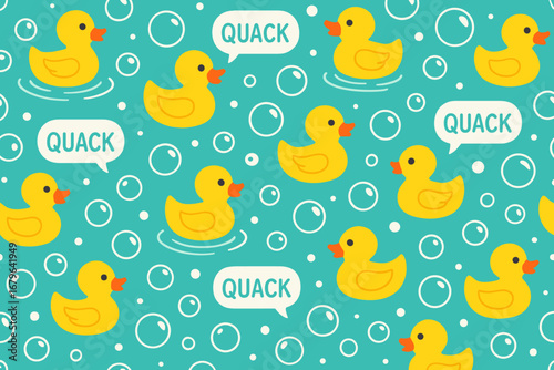 Colorful pattern featuring yellow rubber ducks swimming and quacking in a playful bubble-filled background