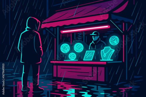 Person browses a vibrant night market stall under rain while illuminated by neon lights