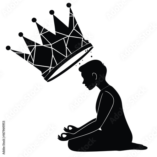 Person meditating under shattered crown silhouette