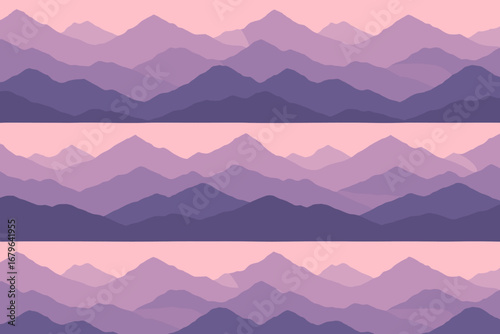 Mountain range silhouettes under a soft pink sky at sunset with layered terrain creating a serene landscape