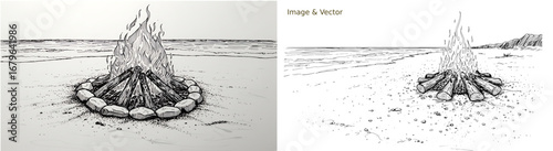 Bonfire for a beach party - hand-drawn image and vector together