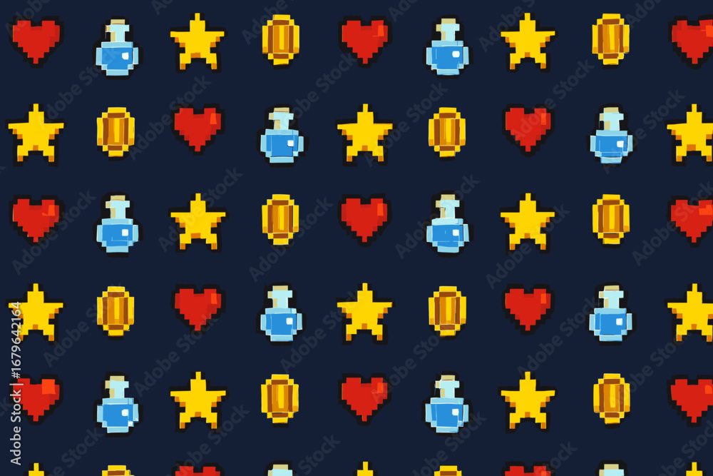 Fototapeta premium Colorful pixelated pattern with retro game elements set against a dark background showcasing classic gaming symbols