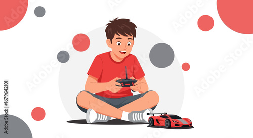 Joyful Boy Plays With Remote Control Car Illustration, Vector Design of Kids Playing Sport
