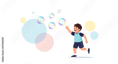 Joyful Boy Playing with Bubbles, Capturing the Essence of Childhood Happiness Outdoors
