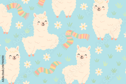 Cute llamas in playful patterns with flowers on a bright blue background