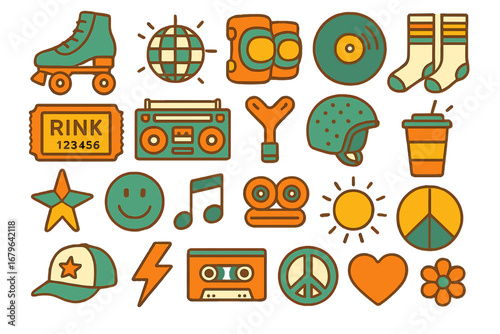 Colorful retro icons representing fun activities from the 1970s to the 1990s with vibrant designs and patterns