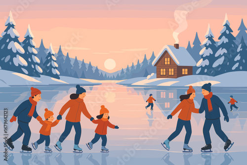 Families enjoying ice skating in a winter landscape at sunset near a cozy cabin