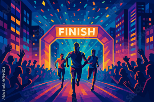 Runners cross the finish line in a vibrant city marathon celebration at dusk with cheering crowds and colorful lights