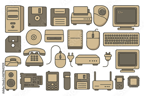 Vintage technology collection featuring computers, printers, and accessories from various eras