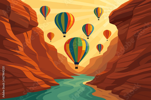 Colorful hot air balloons soar gracefully above a winding river in a canyon during sunset