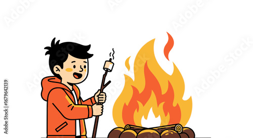Joyful Boy Roasting Marshmallow Over Burning Campfire in Cute Cartoon Illustration