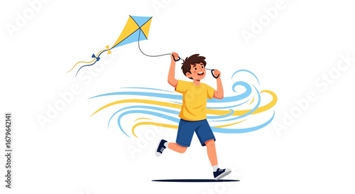 Joyful boy running with a kite in a sunny outdoors environment
