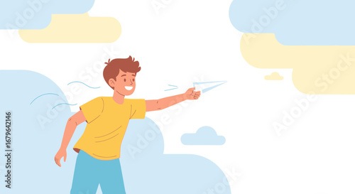 Joyful Boy Sending Paper Airplane into the Sky on a Sunny Day of Flight and Freedom