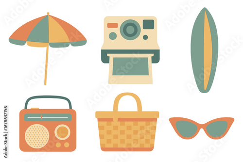 Colorful beach items arranged for a perfect summer day by the ocean