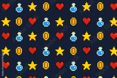 Colorful pixelated pattern with retro game elements set against a dark background showcasing classic gaming symbols