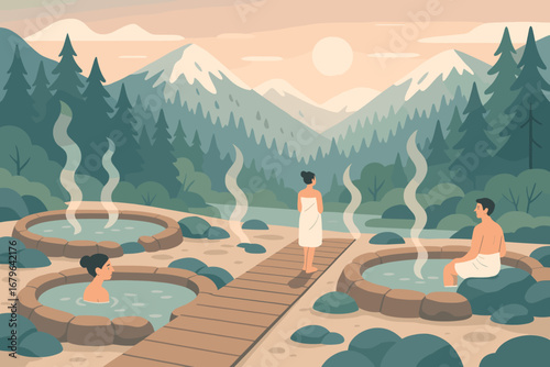 Serene hot springs in a tranquil mountain setting during sunset with visitors enjoying relaxation
