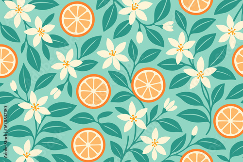Colorful floral pattern featuring orange slices and white flowers on a turquoise background