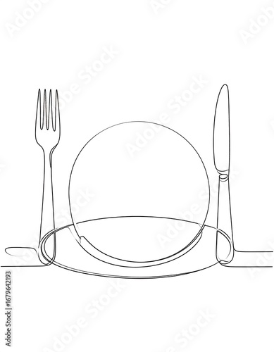Continuous line drawing of a plate, fork, and knife