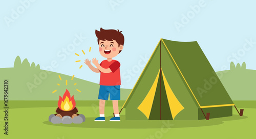Joyful Camper Celebrating Cozy Campfire While Camping Near Tent In The Wilderness