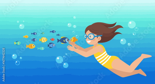 Joyful Girl Interacting With Underwater Fish Species While Swimming, Exploring The Deep