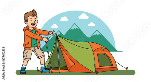 Joyful Camper Erecting a Tent, Ready for Adventure in the Great Outdoors
